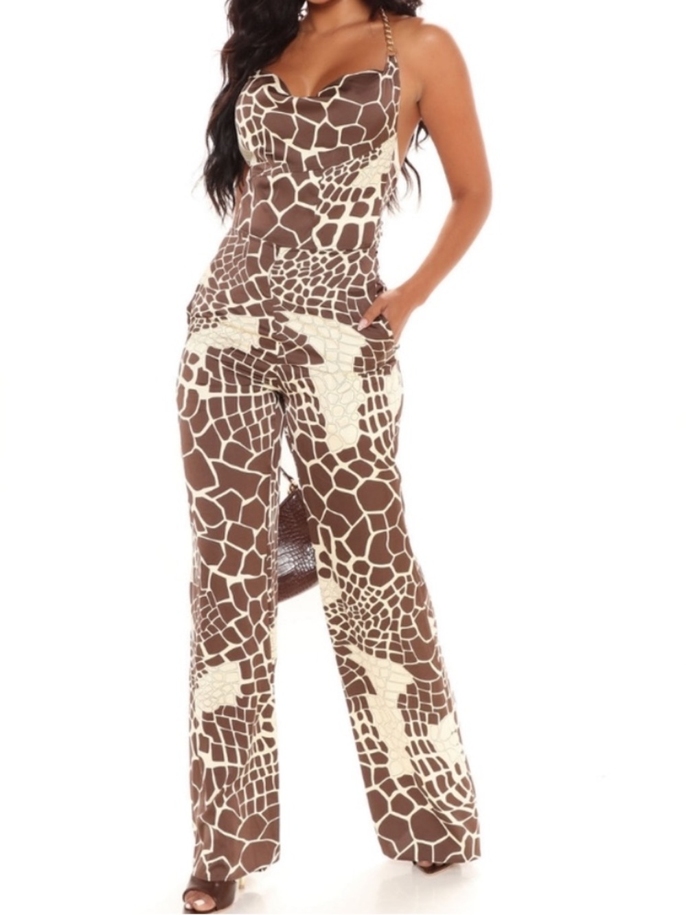Fashion Nova Chain Halter Satin Giraffe Printed Wide Leg Jumpsuit Size XS